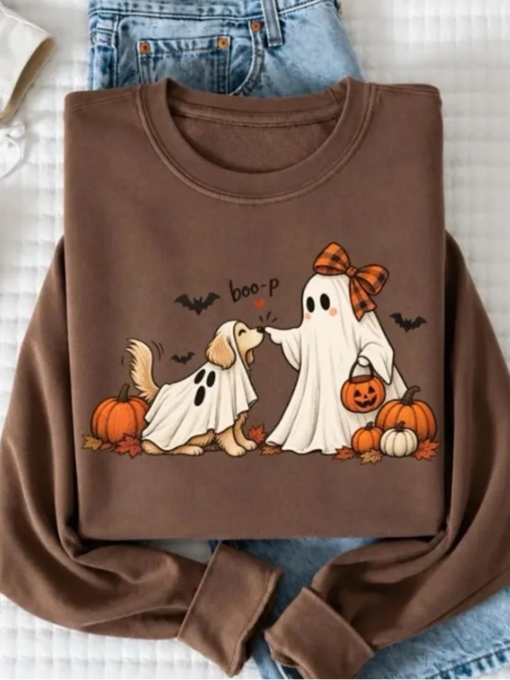 Brown Halloween Ghost & Dog Graphic Sweatshirt